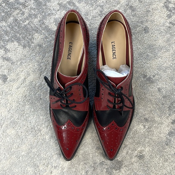 New L’Agence Elodie Pump Heeled Lace Up Oxford Preppy Academia Red Black 6 - Picture 3 of 11
